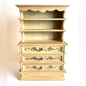 Floral Hand Painted Doll Hutch Vtg 16 in Or Jewellery Box Drawer Shelf Rough Cut
